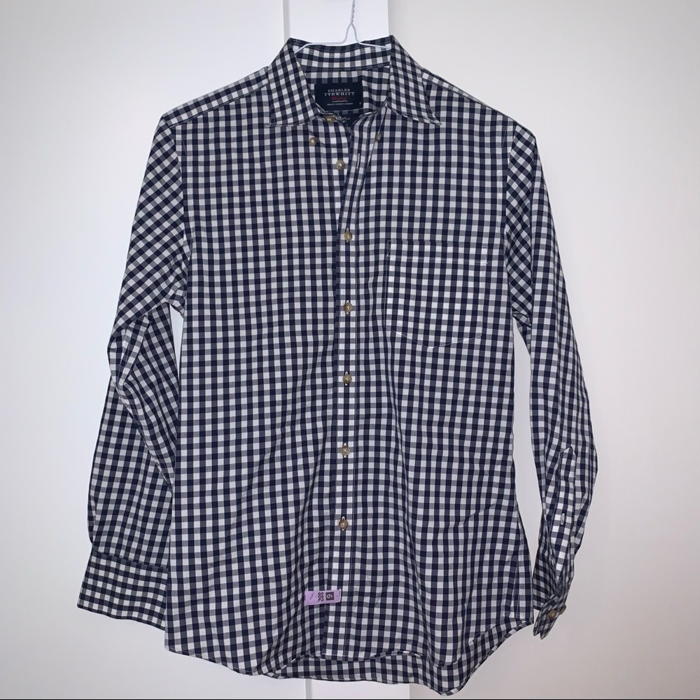 Men’s Navy Blue Plaid Slim Long Sleeve Dress Shirt
